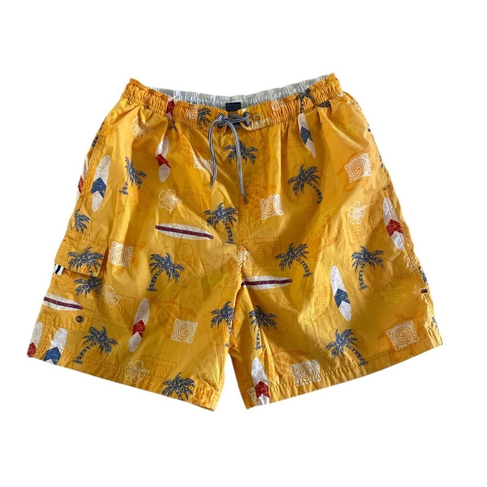 Roundtree & Yorke Swim Trunks Mens L Yellow Tropical Surf‎ Cargo Pockets
